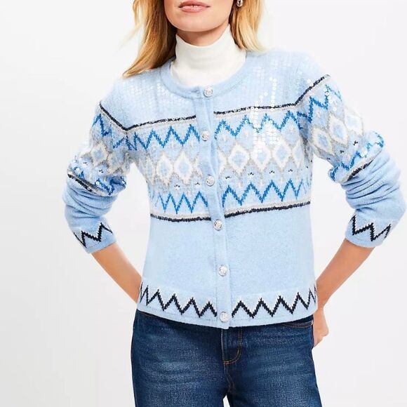 NWT Loft Sequin Fair Isle Sweater Jacket Cardigan in Sky Blue Size XL - Picture 2 of 8